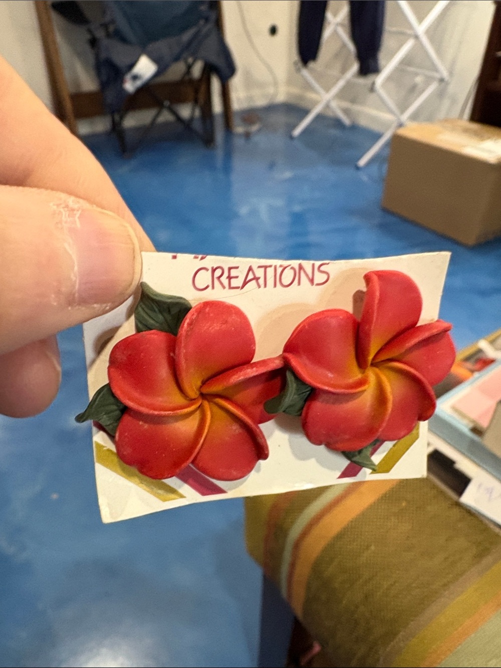 CREATIONS Red Plumeria Floral Clip Earrings